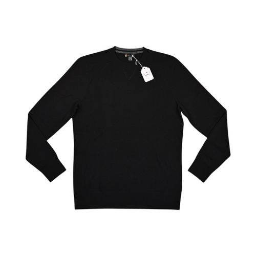 Black Smartwool crew sweater laid flat, showing the crew neck and front.
