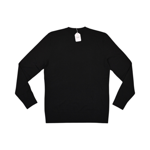 Back of a black Smartwool crew sweater laid flat.