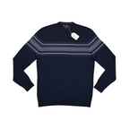 Navy blue Smartwool crew sweater laid flat, showing the fair isle-style chest stripe.