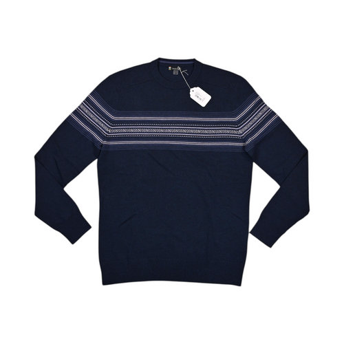 Navy blue Smartwool crew sweater laid flat, showing the fair isle-style chest stripe.