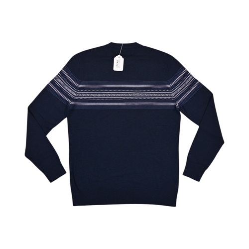 Back of a navy blue Smartwool crew sweater laid flat, showing the ribbed hem.
