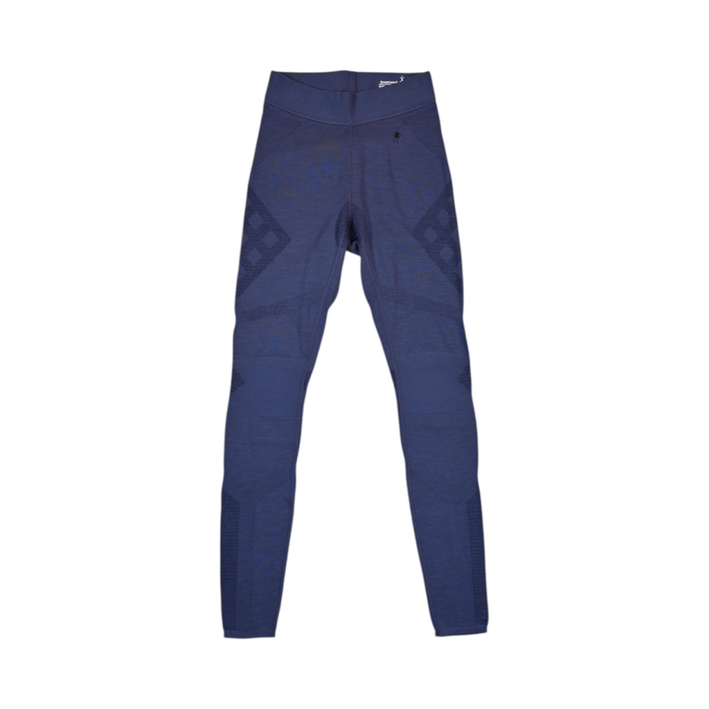 Navy Smartwool base layer leggings laid flat, showing the diamond body-mapping knit pattern.