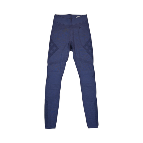 Navy Smartwool base layer leggings laid flat, showing the diamond body-mapping knit pattern.