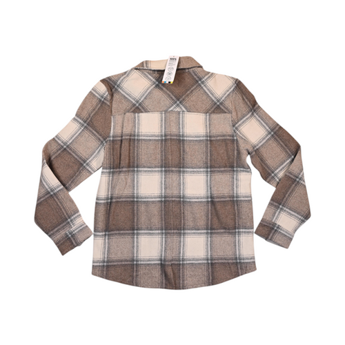 Back of a tan and cream plaid Smartwool shirt jacket laid flat.