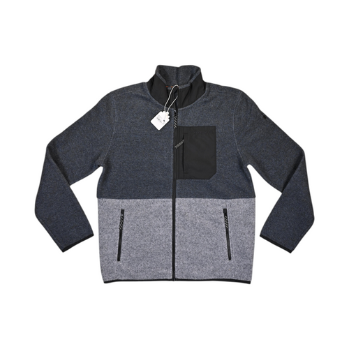 Navy and grey colorblock Smartwool fleece jacket laid flat, showing the chest pocket and zip.