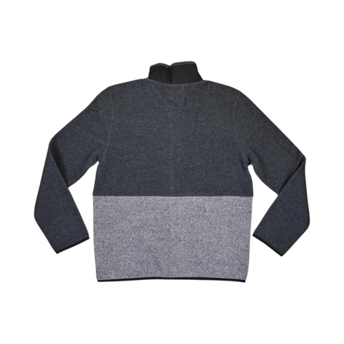 Back of a navy and grey colorblock Smartwool fleece jacket laid flat.