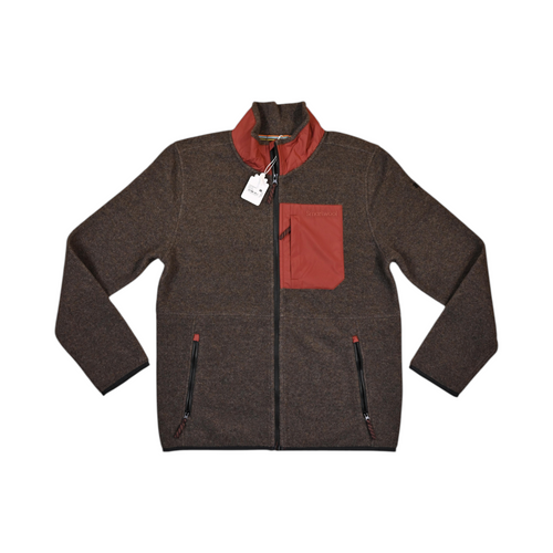 Taupe-brown Smartwool fleece jacket laid flat, showing the burnt-sienna trim and chest pocket.