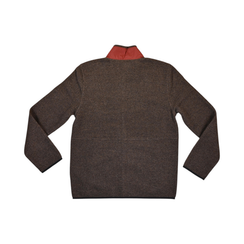 Back of a taupe-brown Smartwool fleece jacket laid flat.