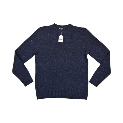 Flecked navy Smartwool crew sweater laid flat, showing the ribbed collar and cuffs.