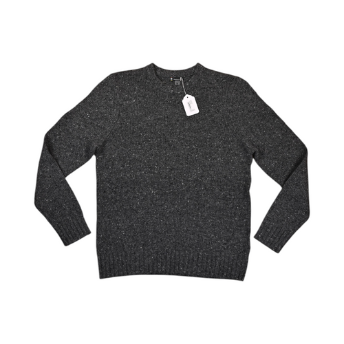 Flecked charcoal Smartwool crew sweater laid flat, showing the ribbed collar and cuffs.