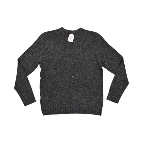 Back of a flecked charcoal Smartwool crew sweater laid flat.