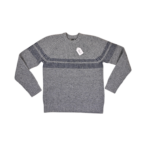 Heathered grey Smartwool crew sweater laid flat, showing the navy chest stripe.