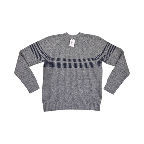 Back of a heathered grey Smartwool crew sweater laid flat.
