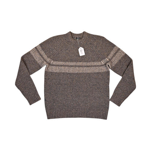 Brown-taupe Smartwool crew sweater laid flat, showing the tan chest stripe.