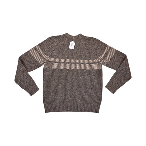 Back of a brown-taupe Smartwool crew sweater laid flat.