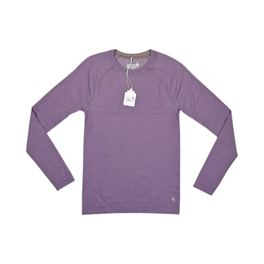 Heathered lavender purple Smartwool base layer crew top laid flat, showing the front.