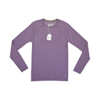Heathered lavender purple Smartwool base layer crew top laid flat, showing the front.