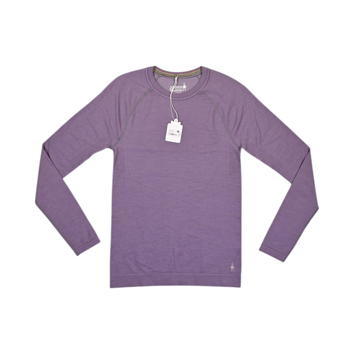 Heathered lavender purple Smartwool base layer crew top laid flat, showing the front.