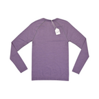 Detail view of a heathered lavender purple Smartwool base layer crew top.