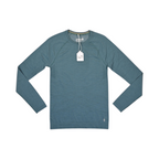 Heathered teal Smartwool base layer crew top laid flat, showing the front.