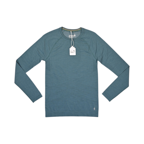 Heathered teal Smartwool base layer crew top laid flat, showing the front.
