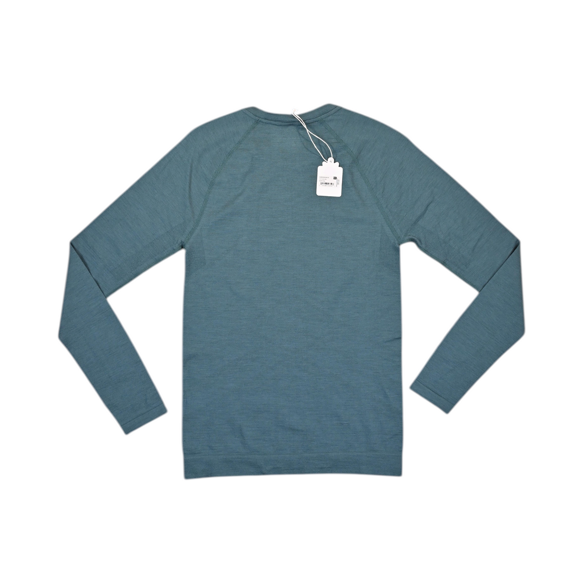 Detail view of a heathered teal Smartwool base layer crew top.