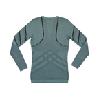 Detail view of a teal Smartwool crew top with diagonal stripe accents.