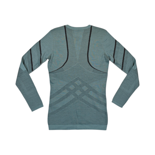 Detail view of a teal Smartwool crew top with diagonal stripe accents.