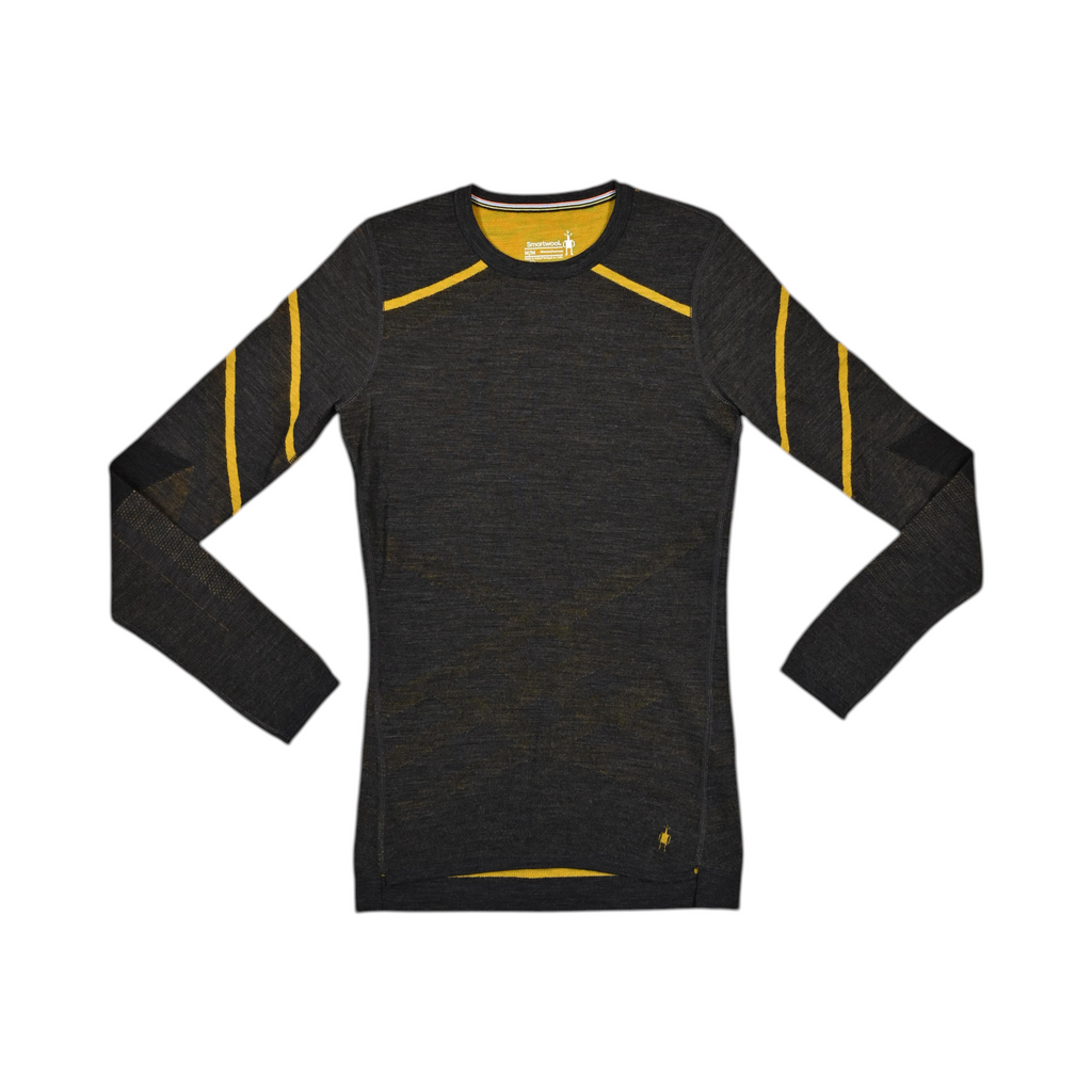 Charcoal Smartwool crew top laid flat, showing mustard-yellow diagonal stripe accents.