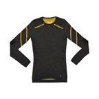 Charcoal Smartwool crew top laid flat, showing mustard-yellow diagonal stripe accents.