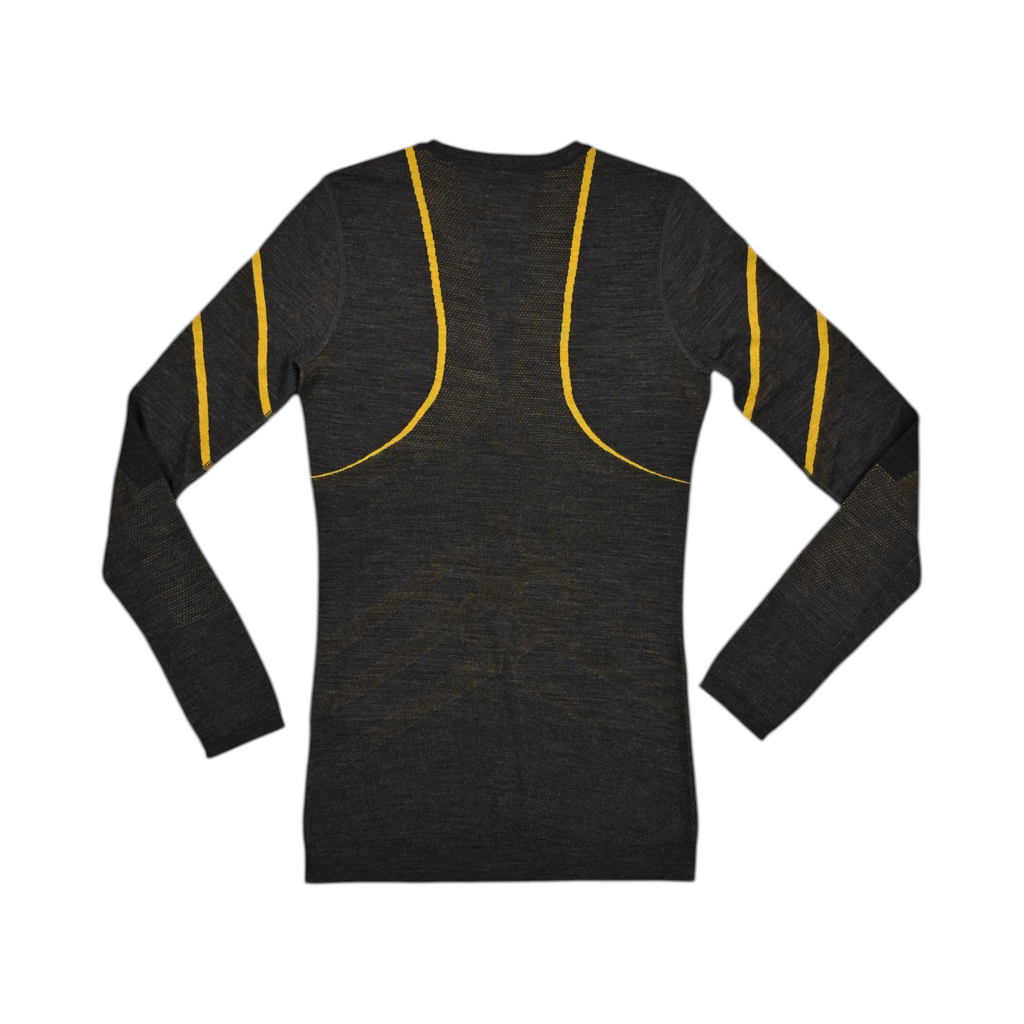 Detail view of a charcoal Smartwool crew top with yellow diagonal accents.