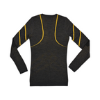Detail view of a charcoal Smartwool crew top with yellow diagonal accents.