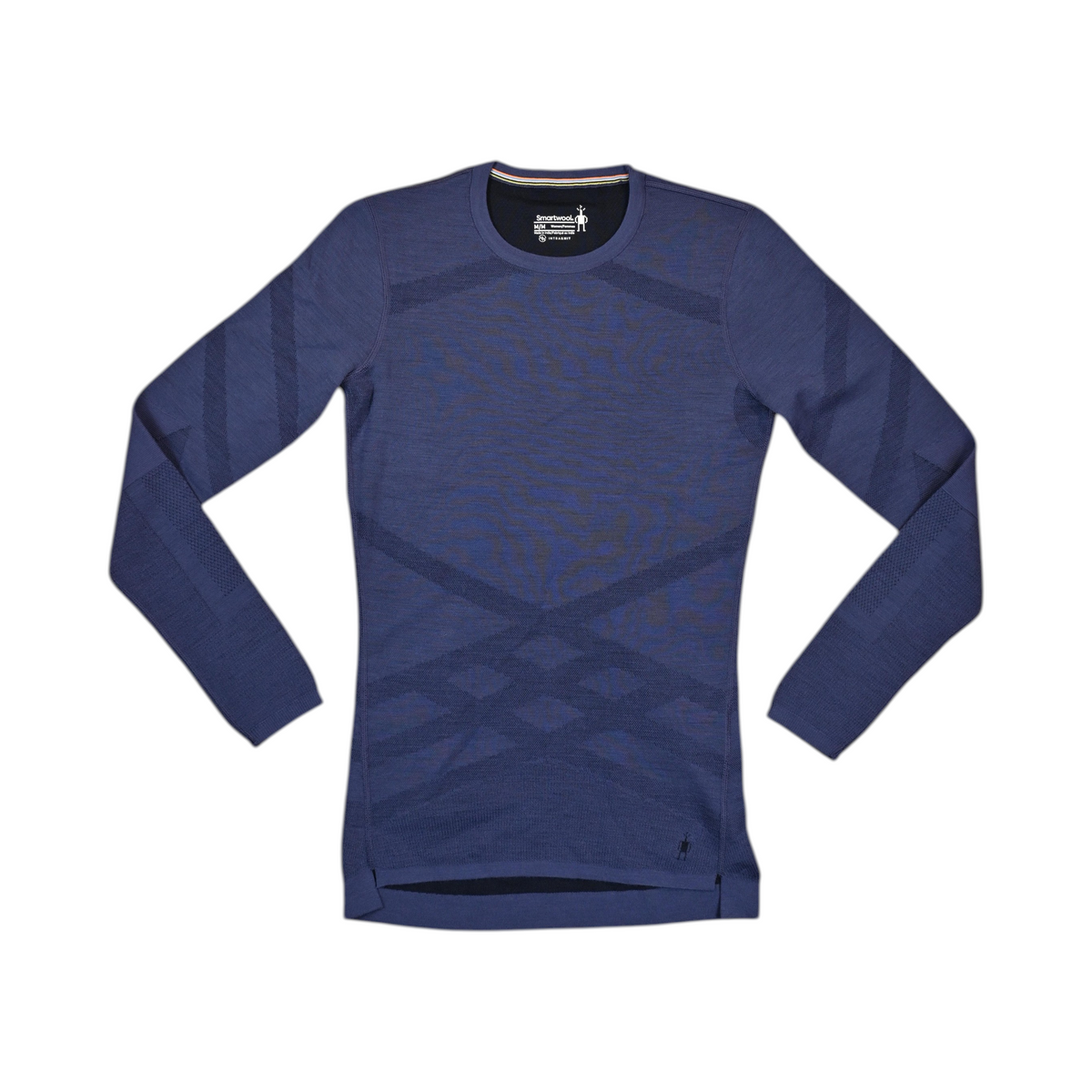 Navy blue Smartwool crew top laid flat, showing the tonal diamond body-mapping pattern.