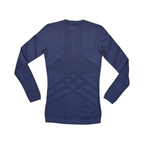 Back of a navy blue Smartwool crew top laid flat.