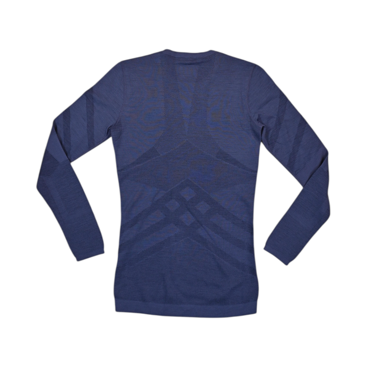 Back of a navy blue Smartwool crew top laid flat.