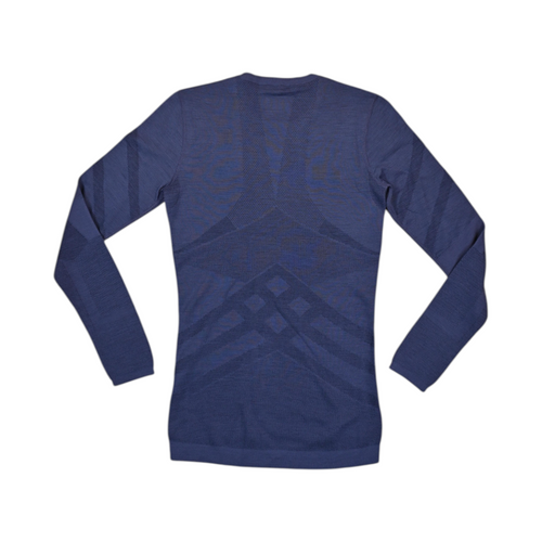 Back of a navy blue Smartwool crew top laid flat.