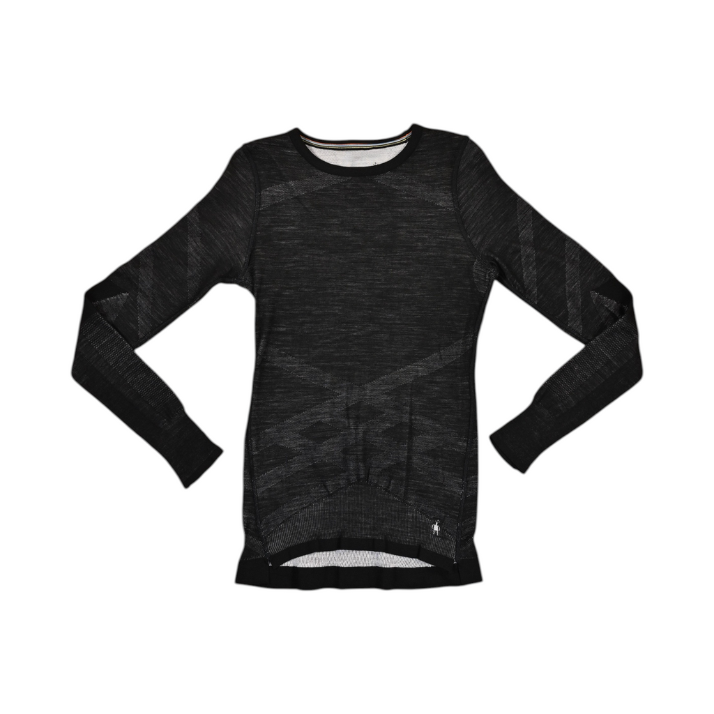 Black Smartwool crew top laid flat, showing the tonal diamond body-mapping pattern.