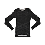 Black Smartwool crew top laid flat, showing the tonal diamond body-mapping pattern.