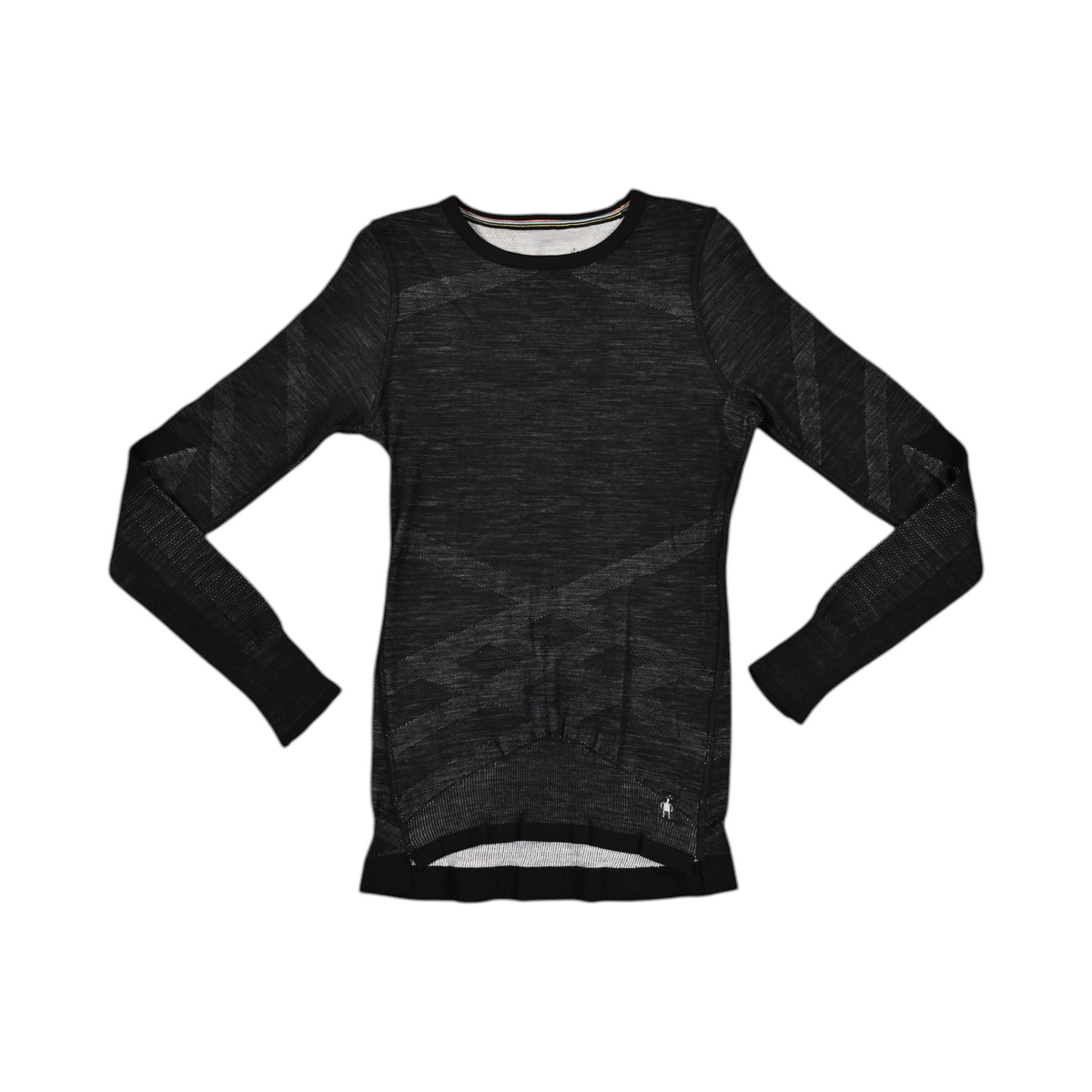Black Smartwool crew top laid flat, showing the tonal diamond body-mapping pattern.