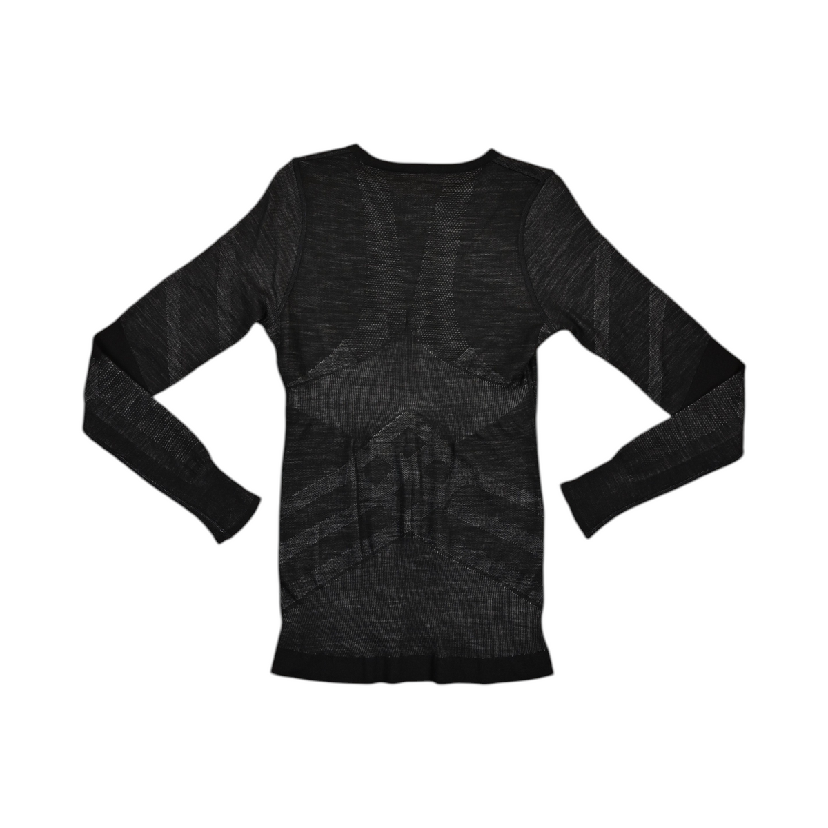 Back of a black Smartwool crew top laid flat.