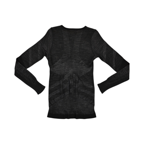 Back of a black Smartwool crew top laid flat.