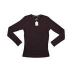 Deep burgundy-brown Smartwool crew top laid flat.
