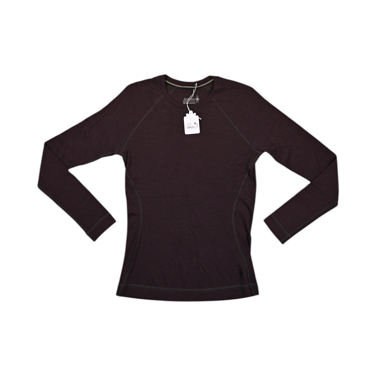Deep burgundy-brown Smartwool crew top laid flat.