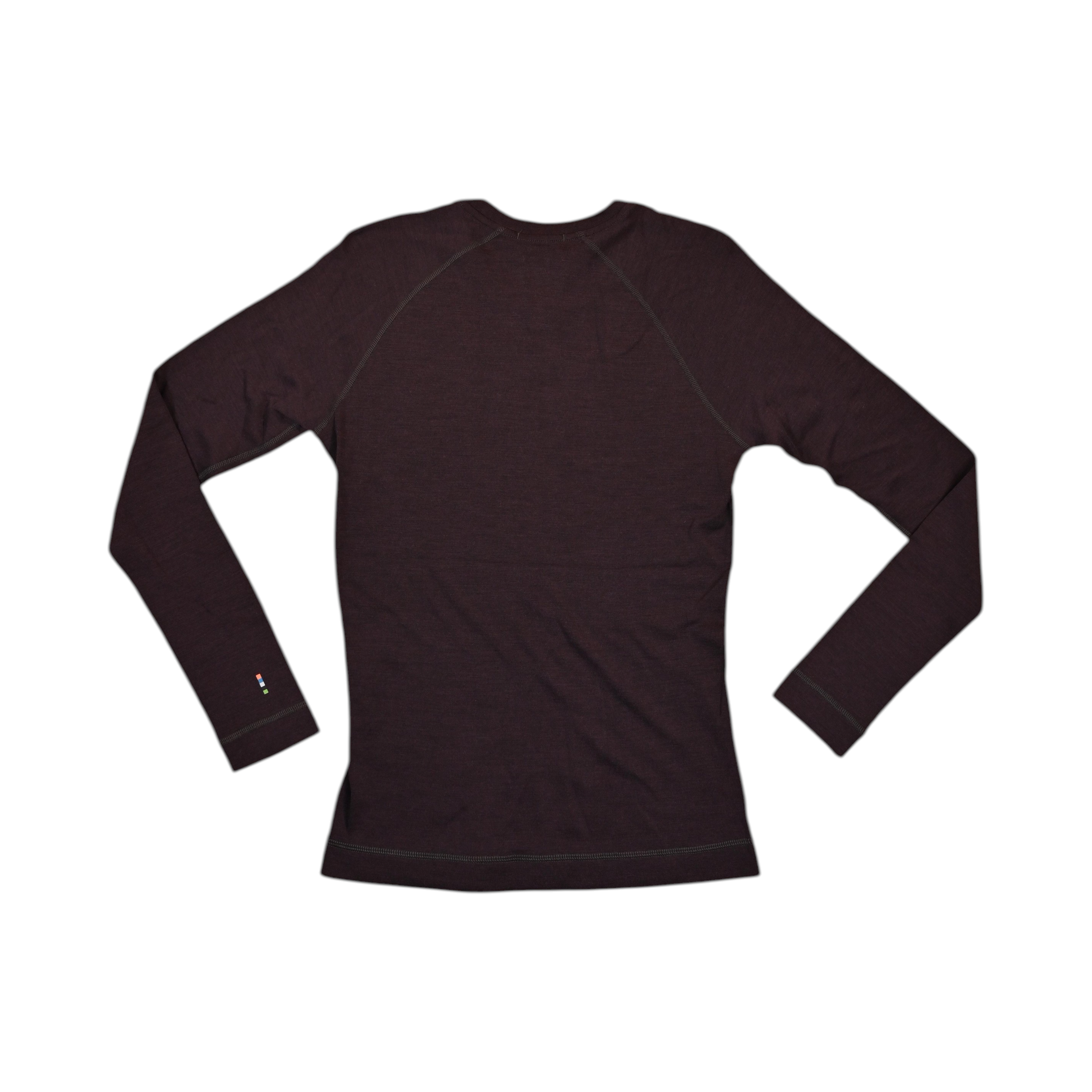 Back of a deep burgundy-brown Smartwool crew top laid flat.