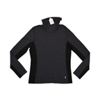 Charcoal and black colorblock Smartwool mock neck top laid flat, showing the front.