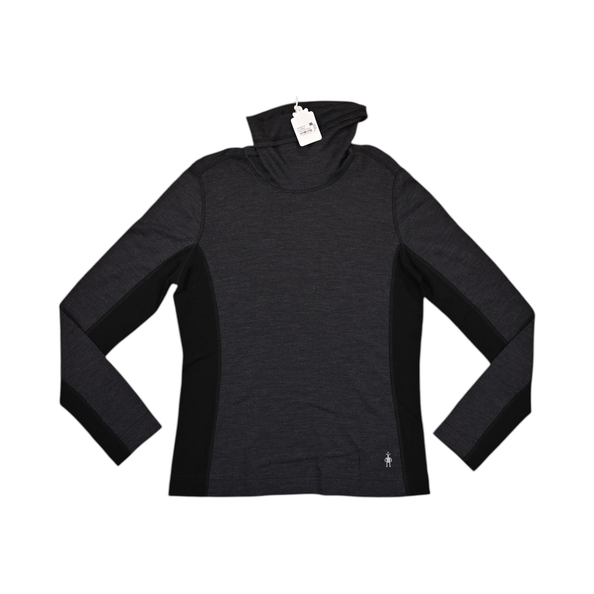 Charcoal and black colorblock Smartwool mock neck top laid flat, showing the front.