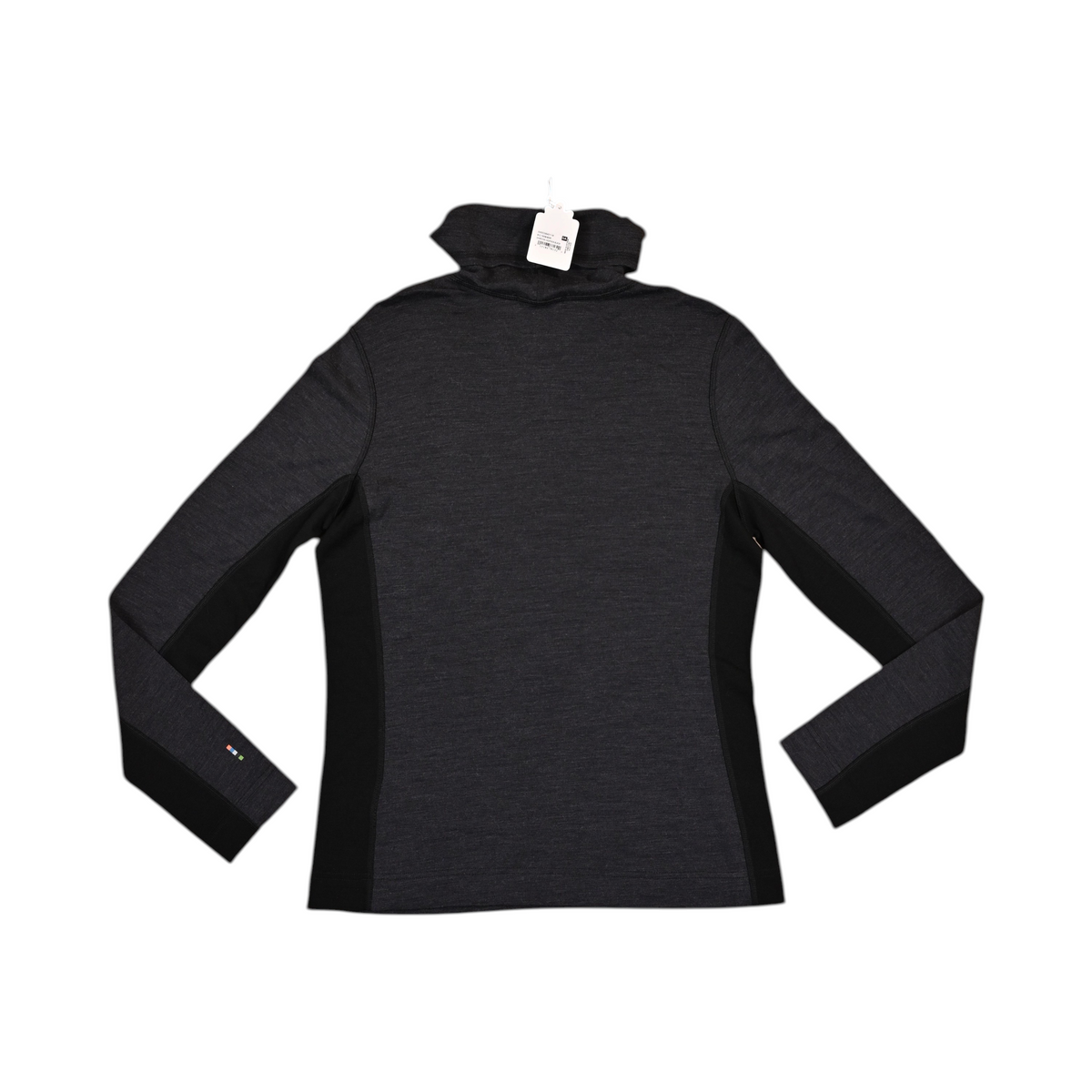 Back of a charcoal and black colorblock Smartwool mock neck top laid flat.