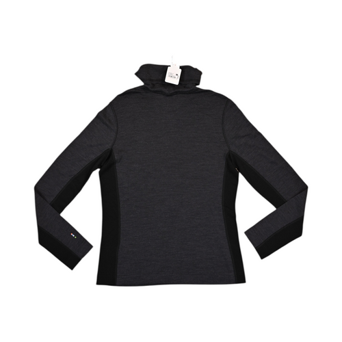 Back of a charcoal and black colorblock Smartwool mock neck top laid flat.