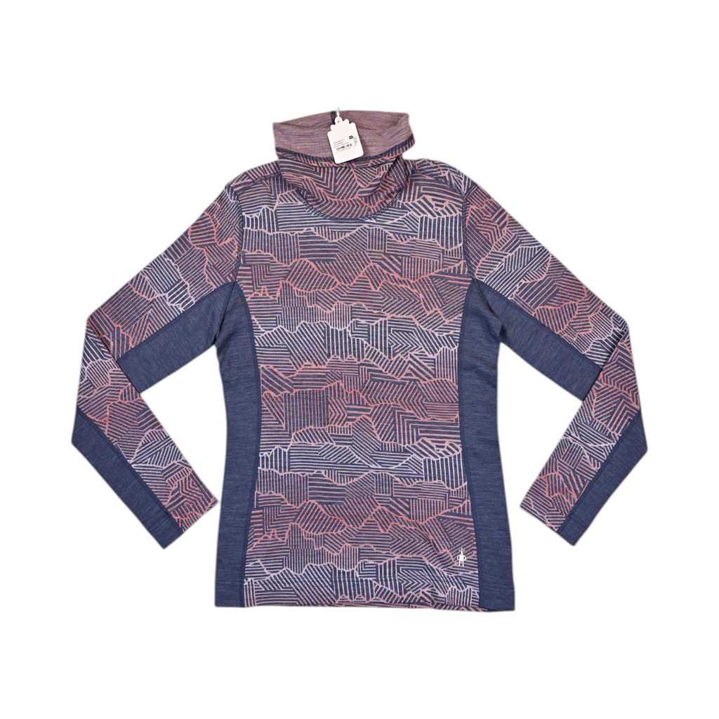 Navy and coral linear print Smartwool mock neck top laid flat, showing the front.