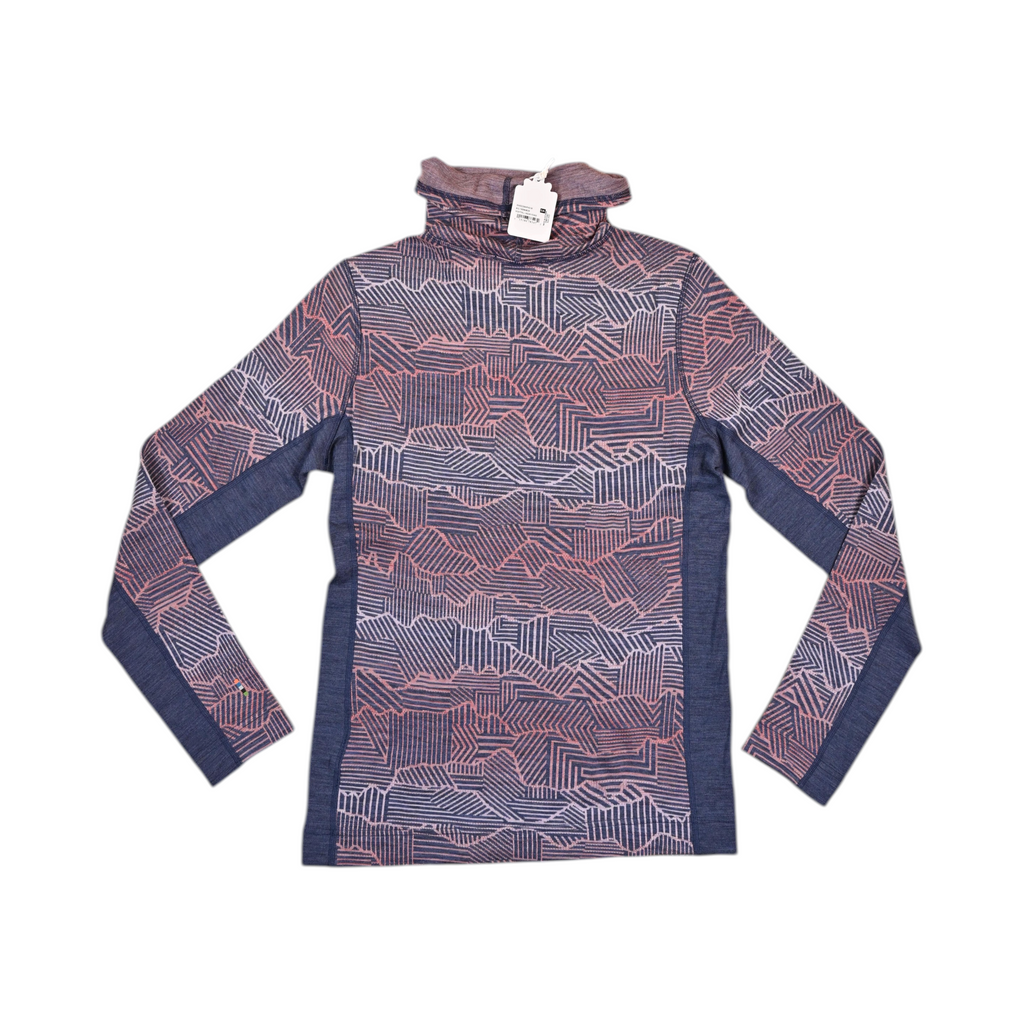Detail view of a navy and coral linear print Smartwool mock neck top.
